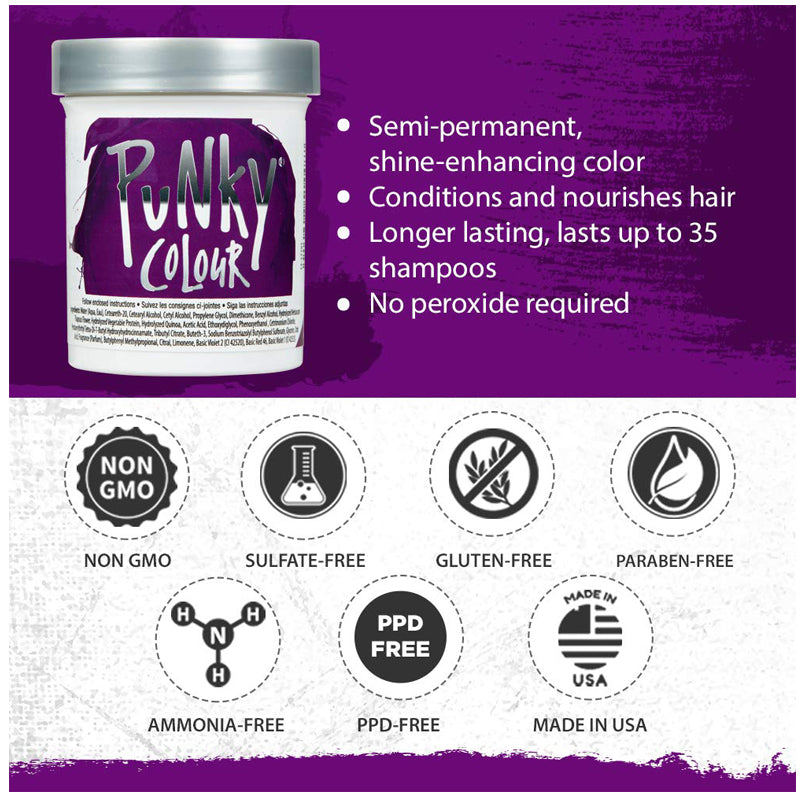 PUNKY COLOUR - Semi-Permanent Conditioning Hair Color Purple 3.5. fl oz Made in USA