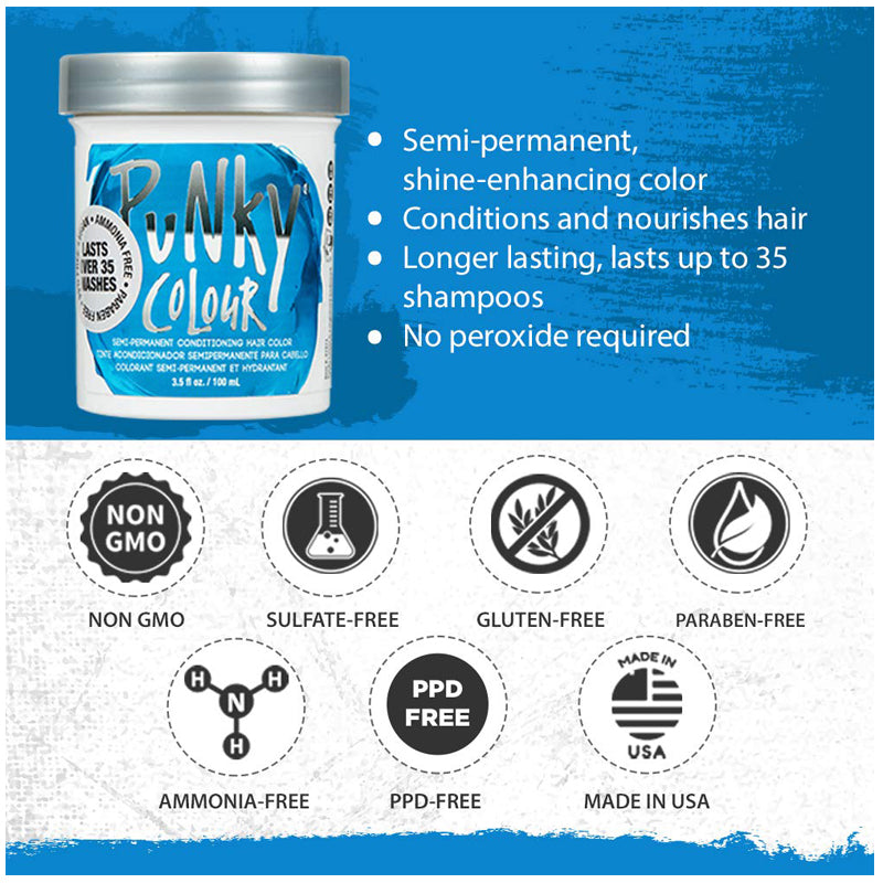 PUNKY COLOUR - Semi-Permanent Conditioning Hair Color Lagoon Blue 3.5 fl oz Made in USA