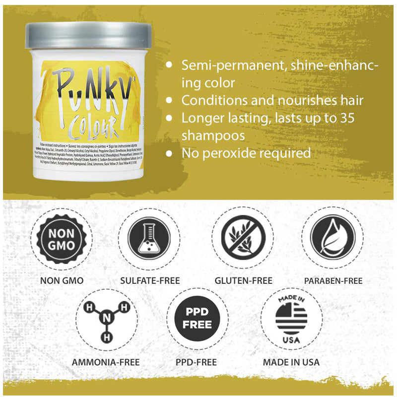 PUNKY COLOUR - Semi-Permanent Conditioning Hair Color Bright Yellow 3.5 fl oz Made in USA
